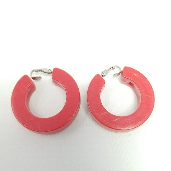 Vintage Wide Red Plastic Clip On Hoop Earrings, 60s 70s Style, Estate - Picture 5 of 5